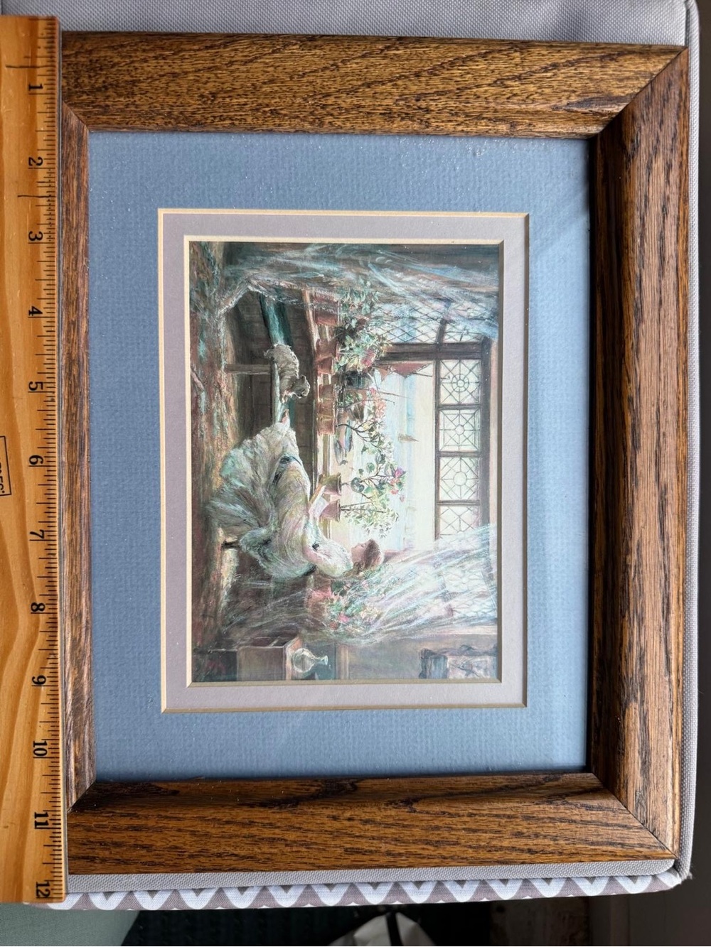 Framed Home Art Print in Blue Mat with Brown Wood Frame